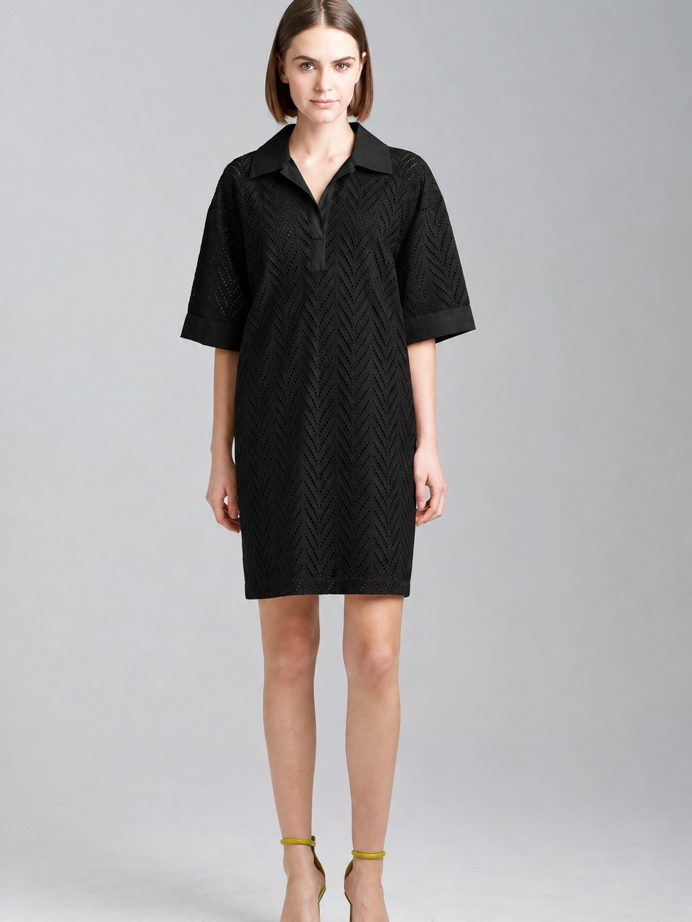 Natori Black Cotton Eyelet Shirt Dress